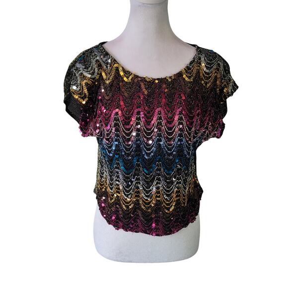 Rio Blouse Size S Vintage Rainbow Sequin Structured Short Sleeve Top Gold Back - Picture 1 of 8